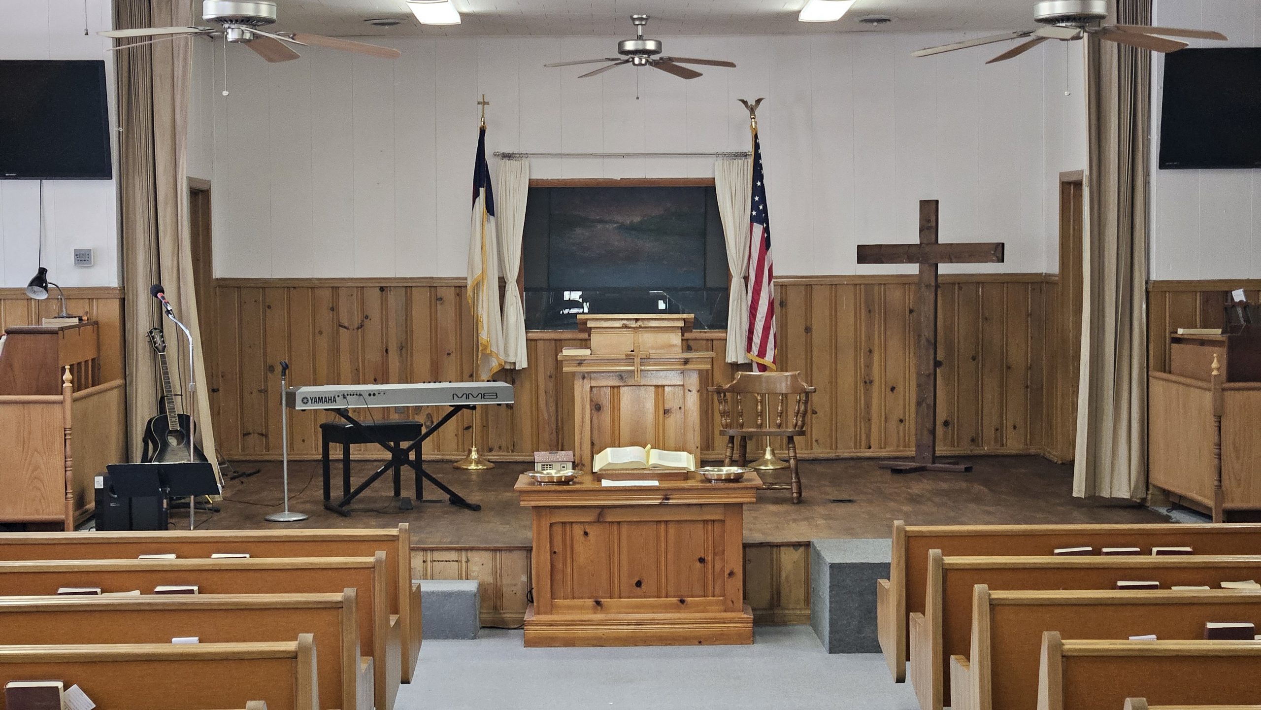 church stage centered on pulpit